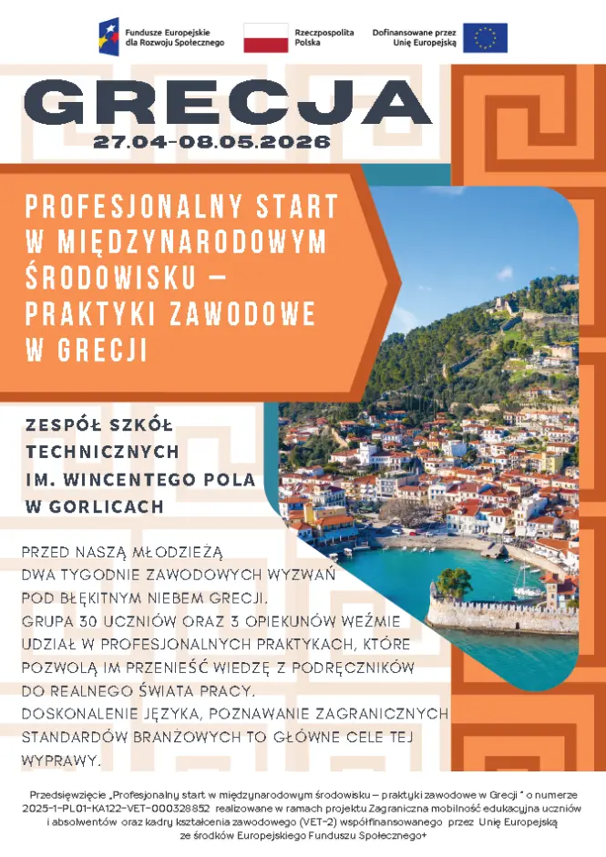 Plakat reklamujacy wyjazd młodzieży na dwutygodniowe praktyki zawodowe w Grecji