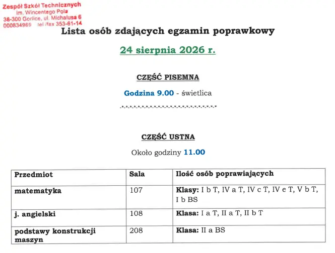 Rozpiska egzaminów poprawkowych 24 sierpnia