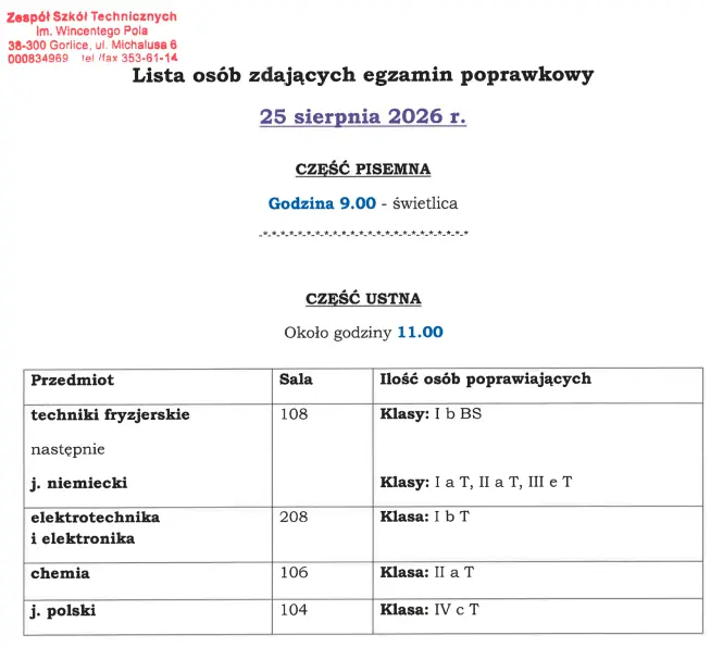 Rozpiska egzaminów poprawkowych 25 sierpnia