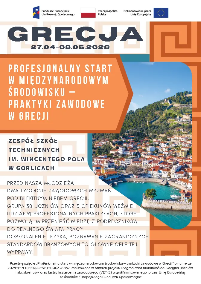 Plakat informujący o rozpoczęciu projektu wyjazdu na praktyki zawodowe do Grecji